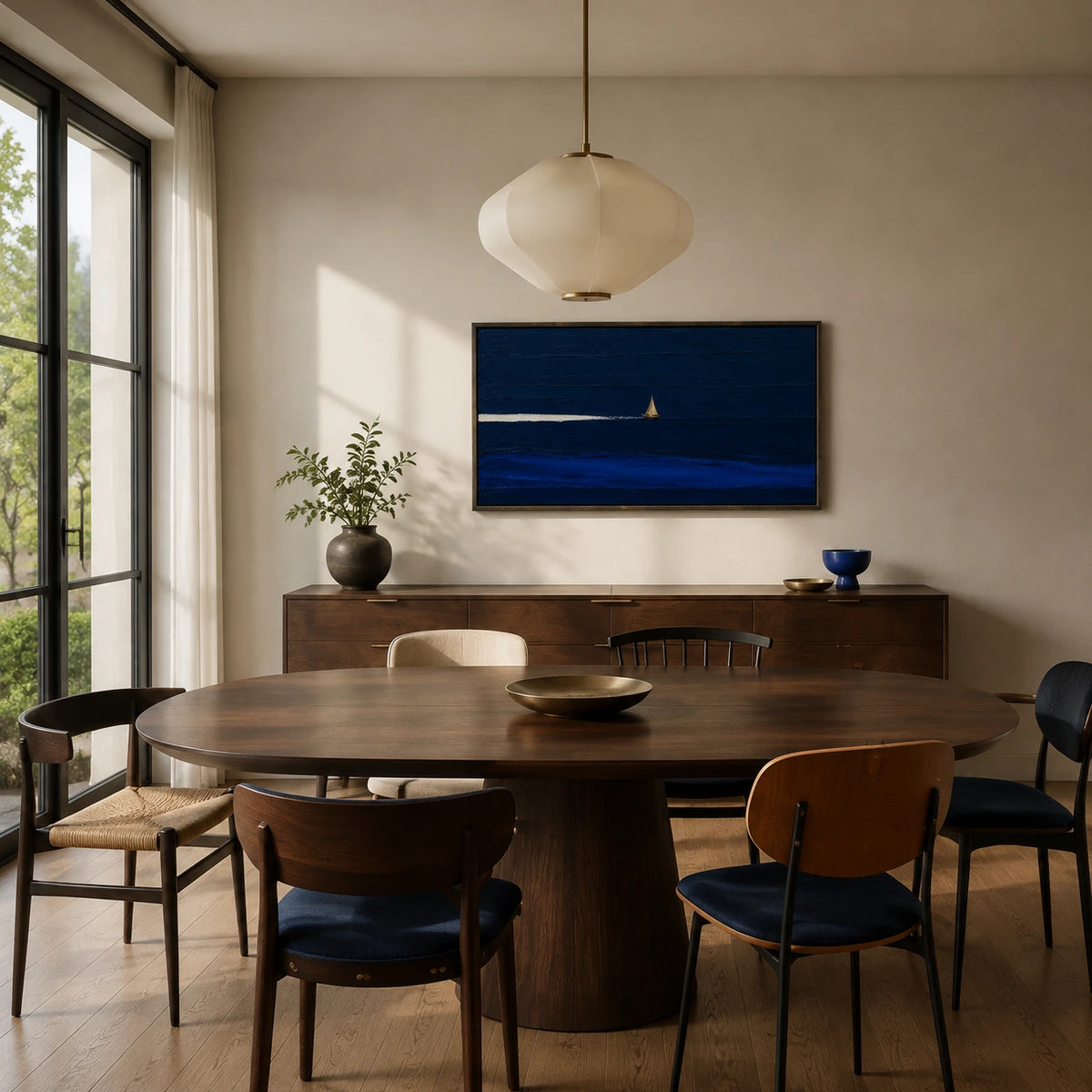 lone sail on blue horizon displayed in a dining space