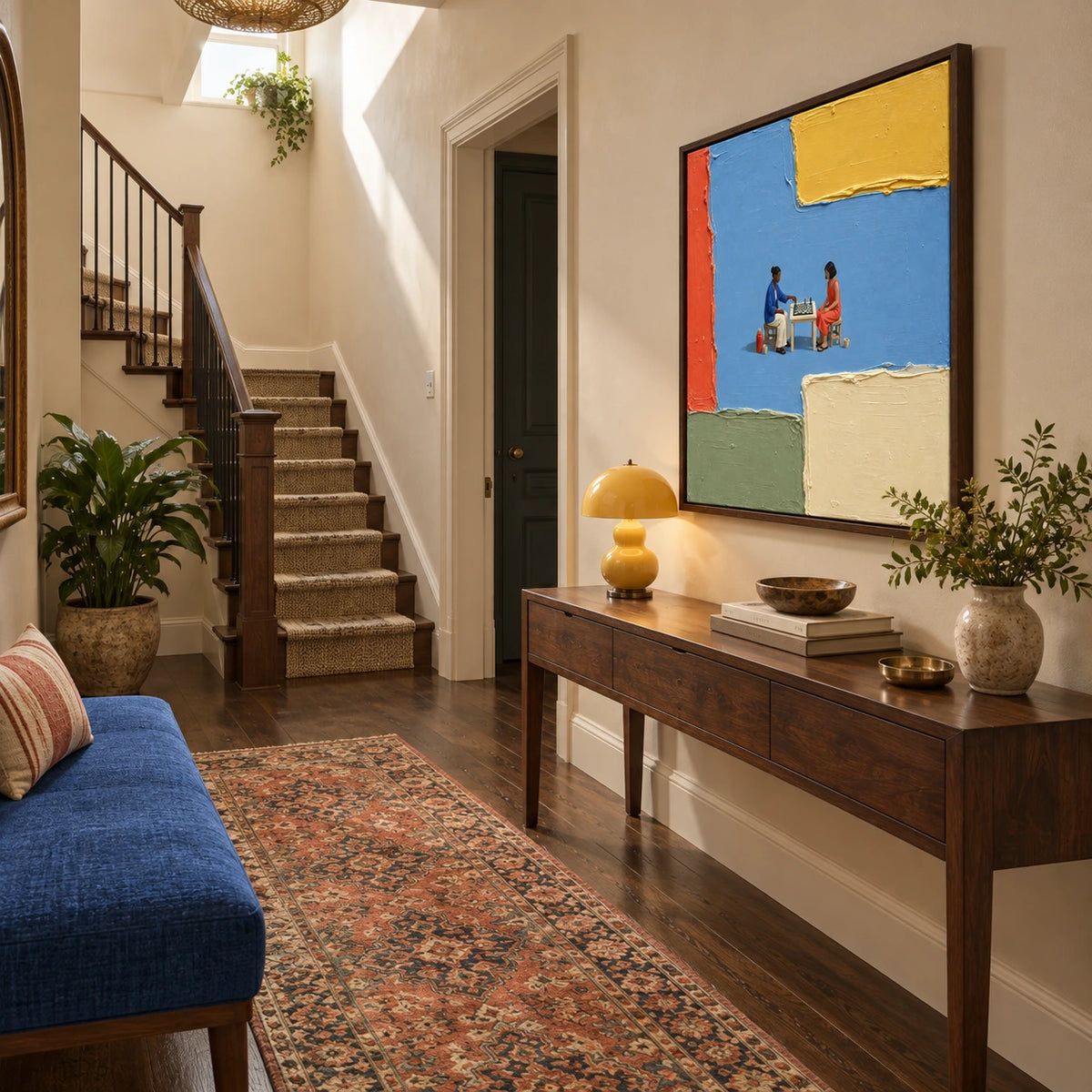 blue hour chess displayed in a entry hall and stair landing