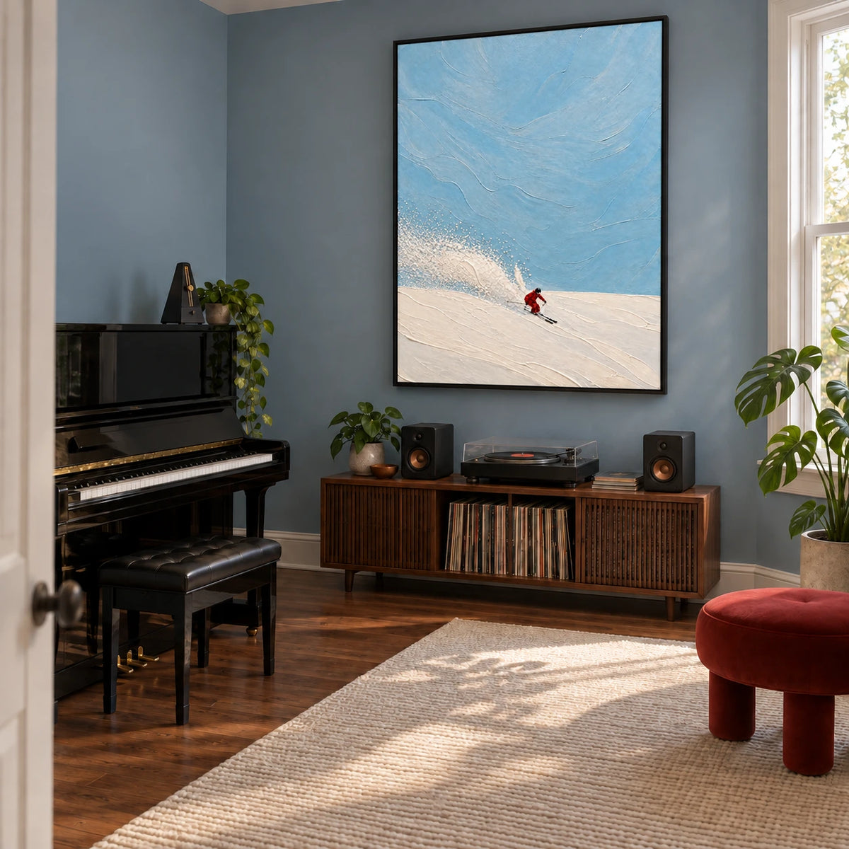 red descent displayed in a home music room