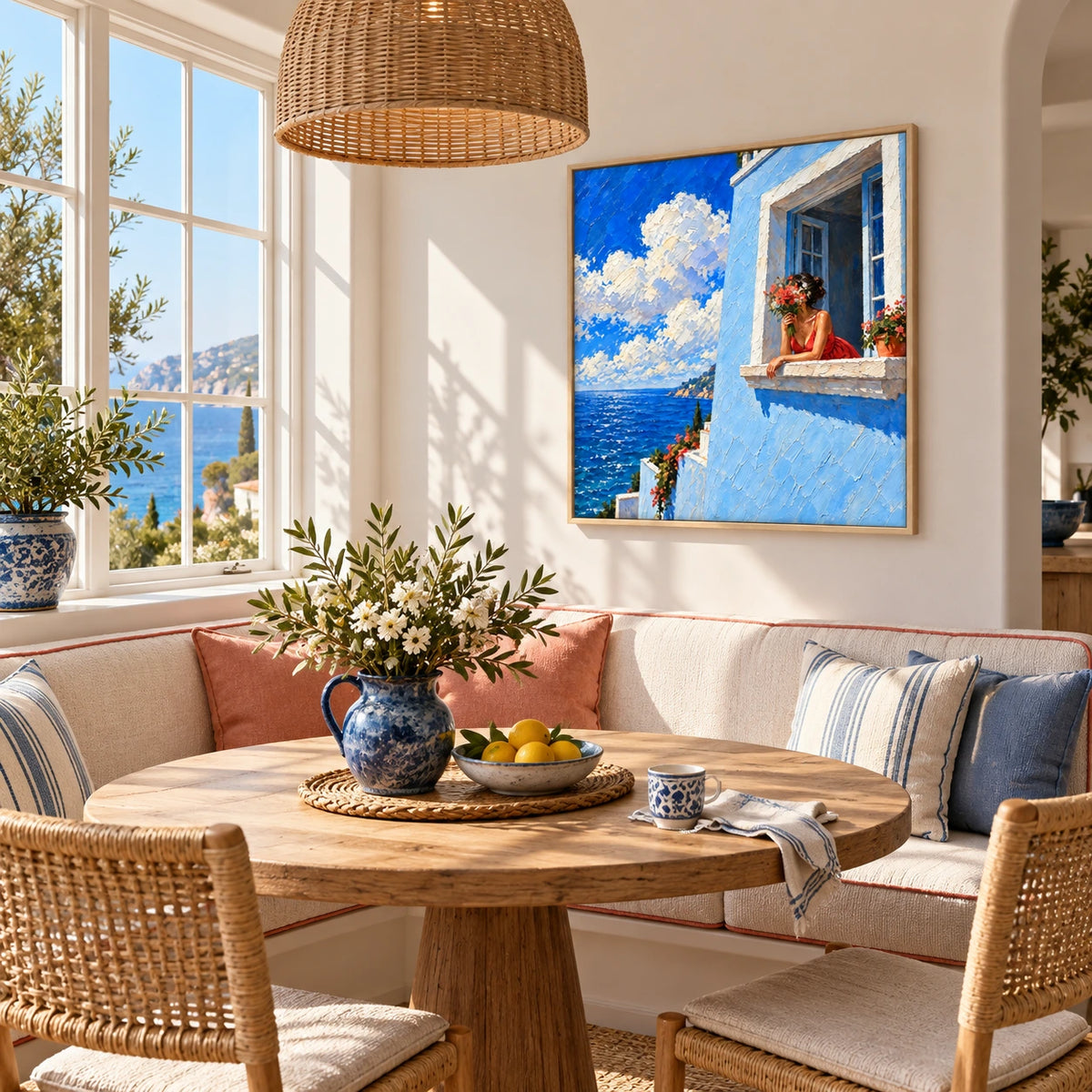 seaside window bouquet displayed in a breakfast nook