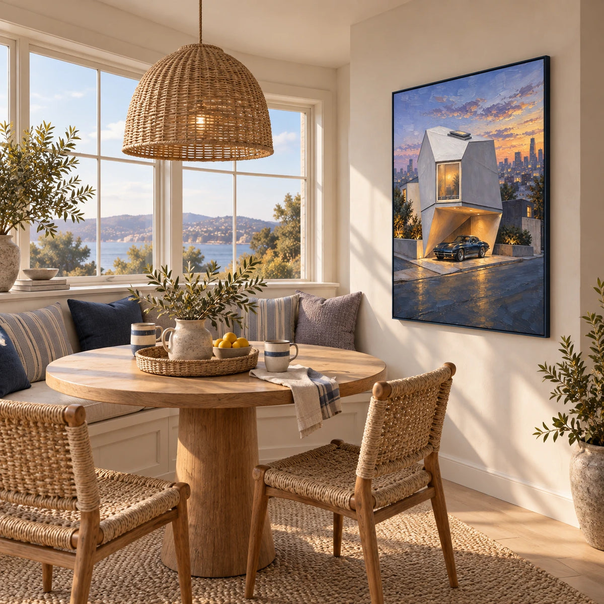 dusk house with a classic car displayed in a breakfast nook