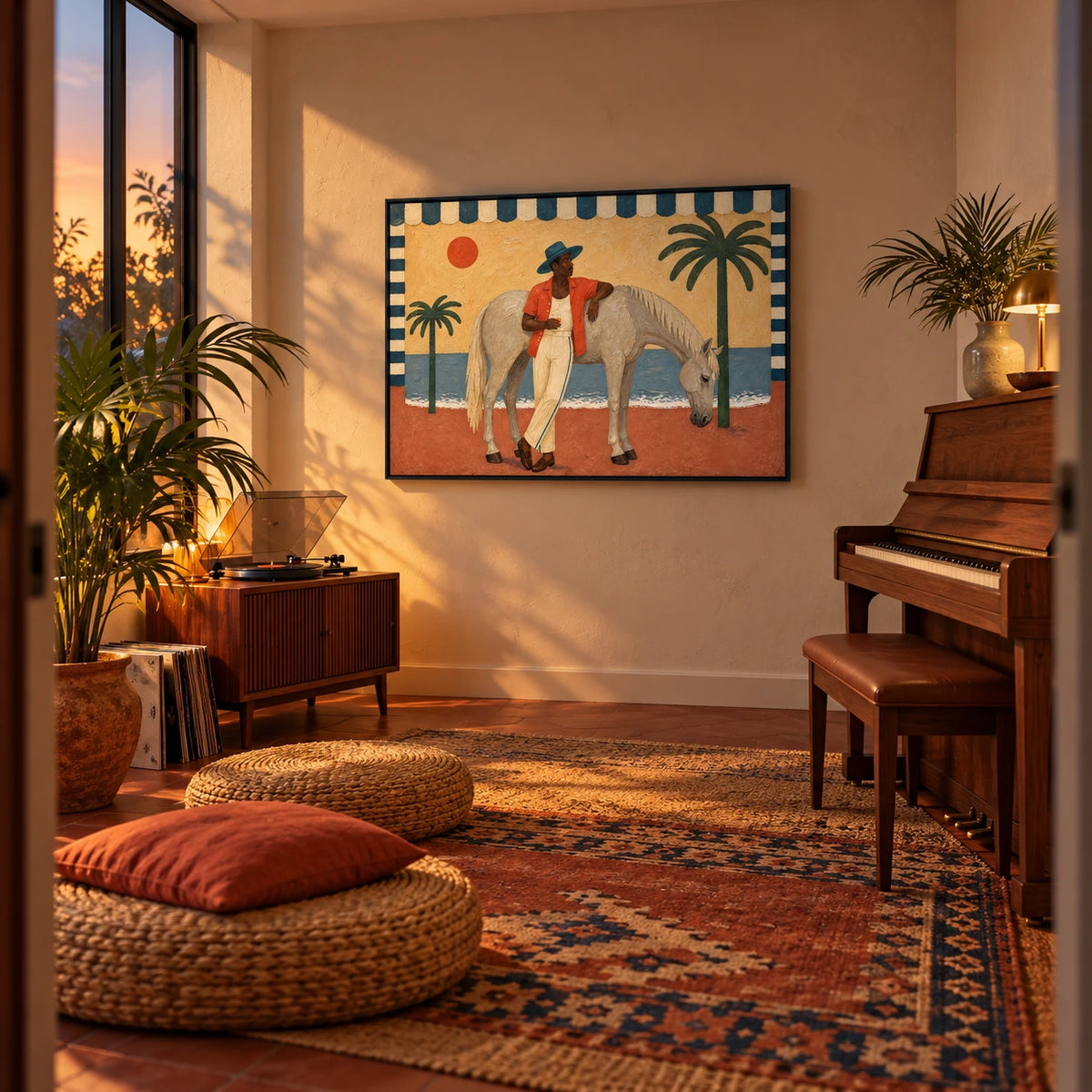 man and horse by the sea displayed in a sunset music room