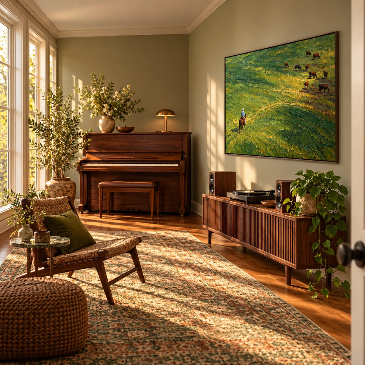 green pasture riders displayed in a home music room