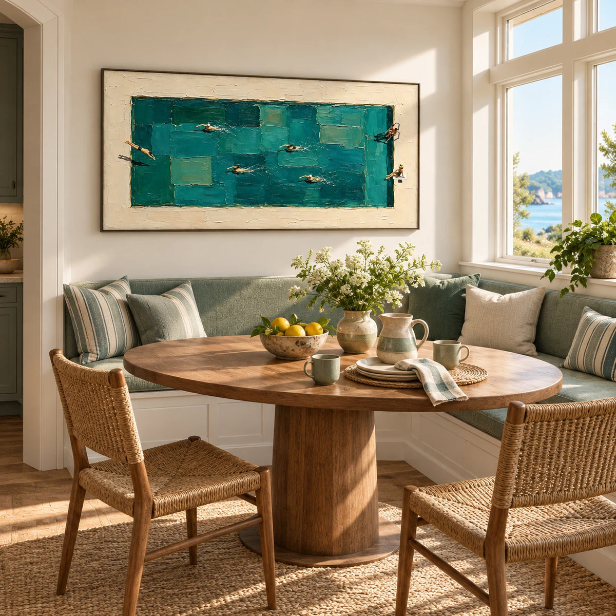 poolside laps displayed in a breakfast nook
