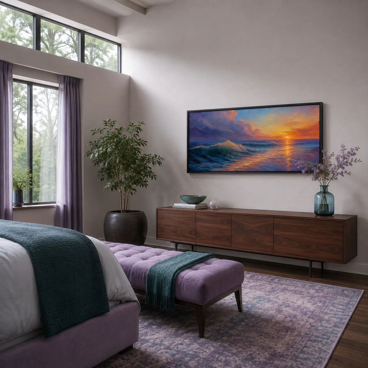 open water at sundown displayed in a reading corner