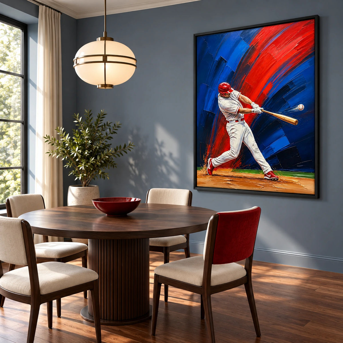 red, white and blue swing displayed in a dining room