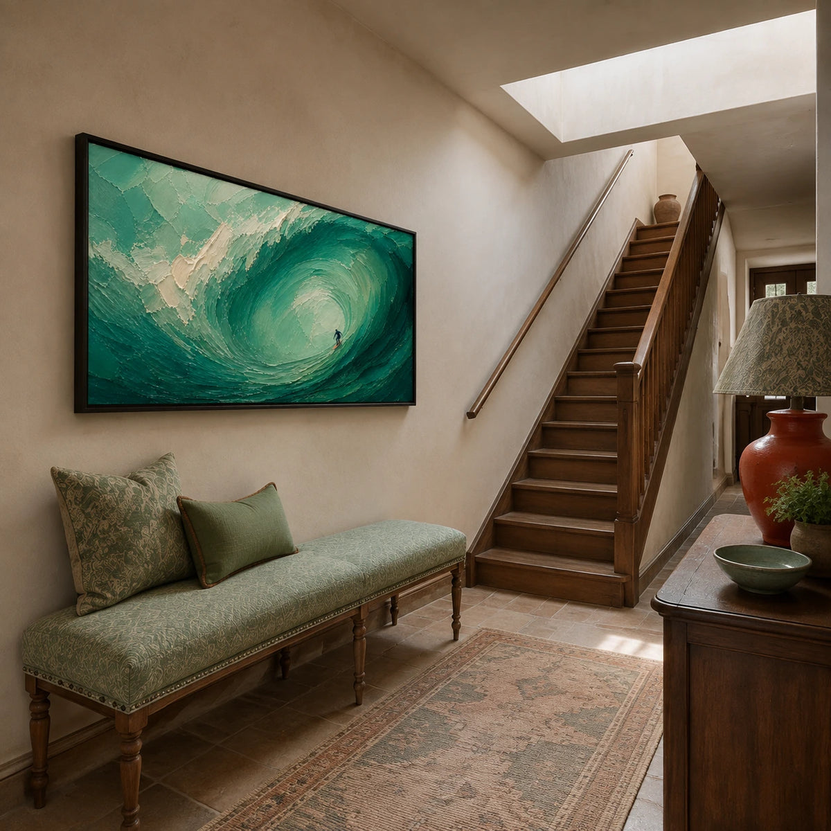 inside the green wave displayed in a entry stair landing