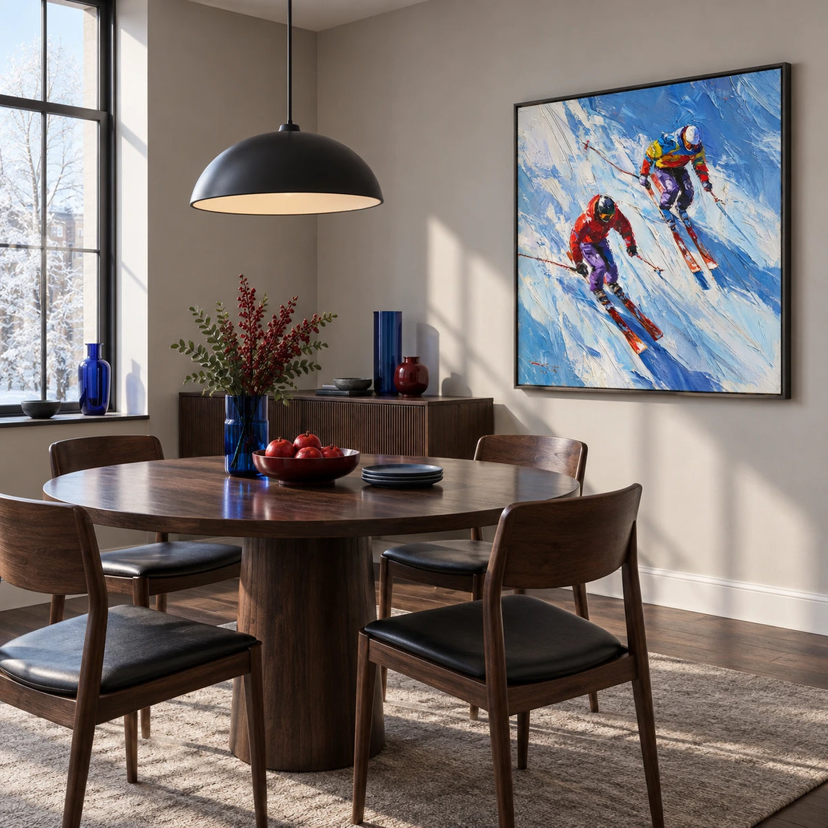 downhill skiers displayed in a bauhaus dining room