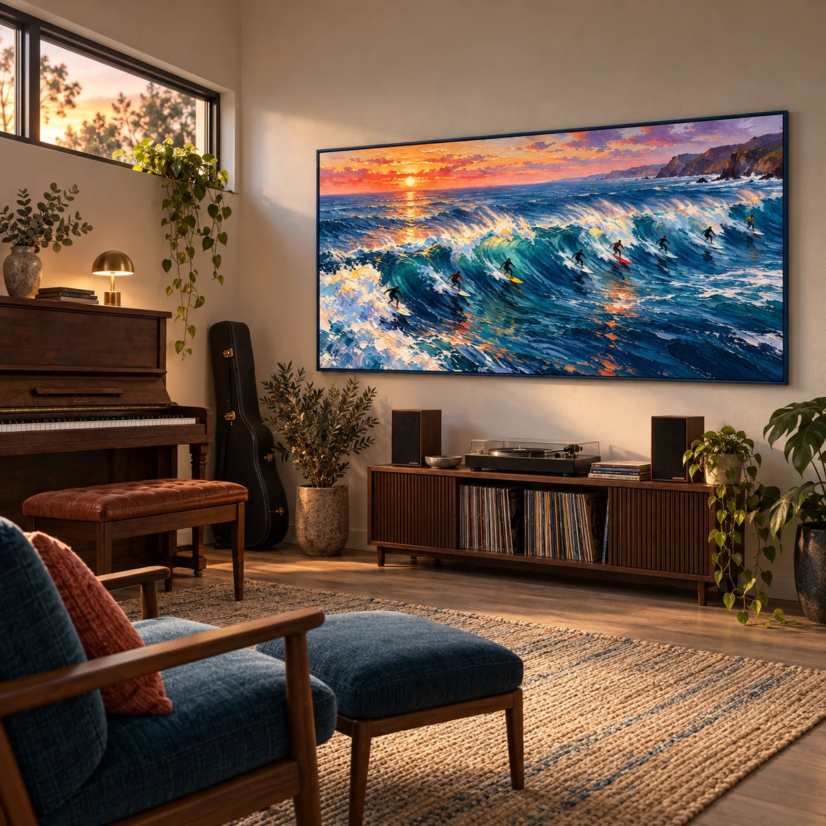 surf beneath an amber sky displayed in a home music room