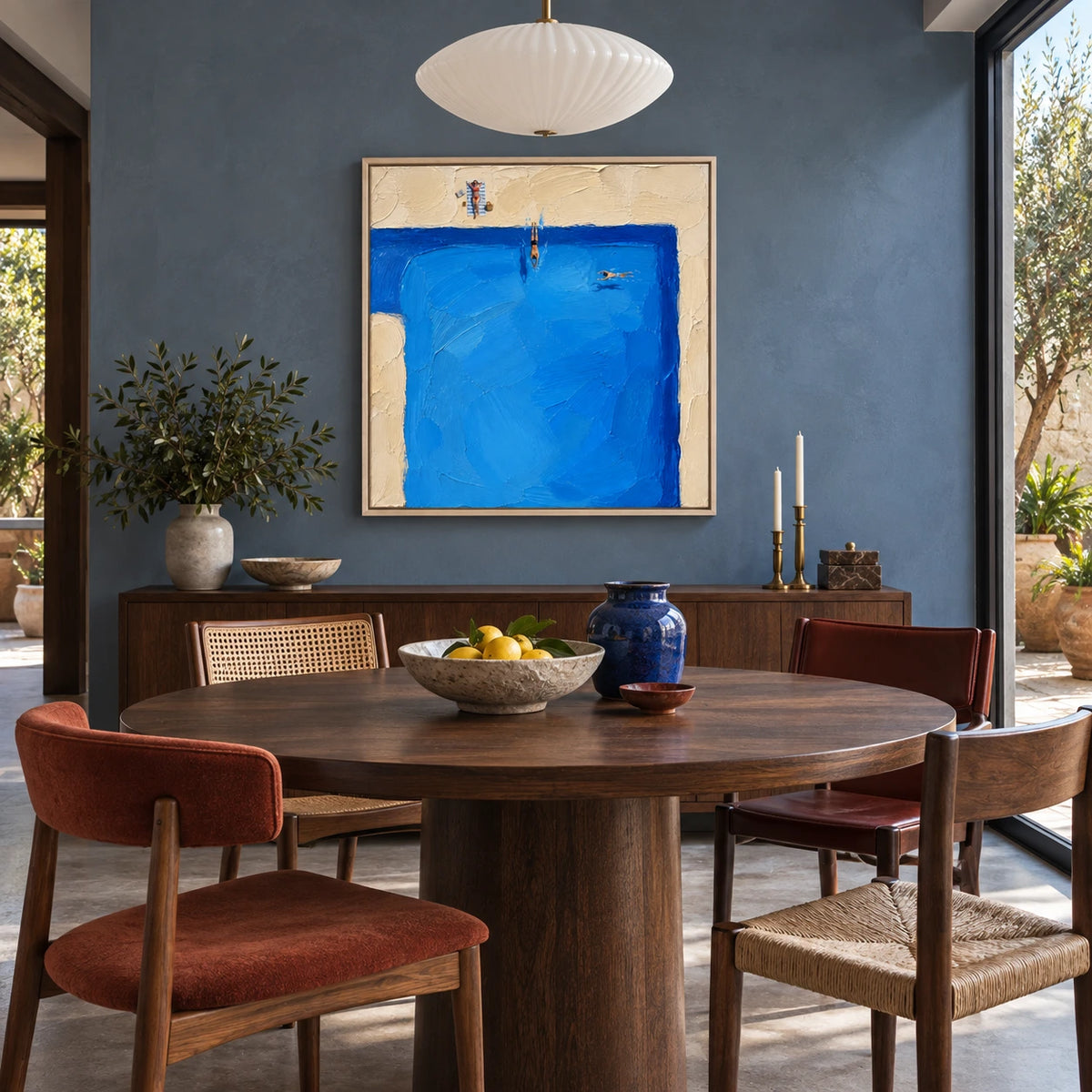 blue pool dive displayed in a dining space