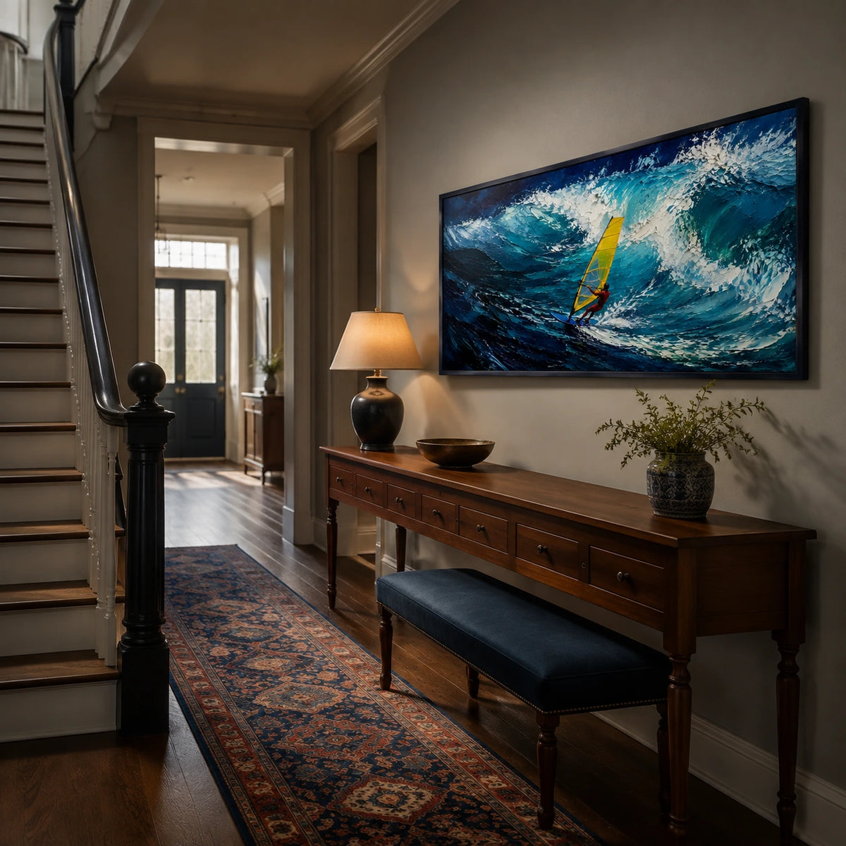 windsurfing surge displayed in a entry hall and stair landing