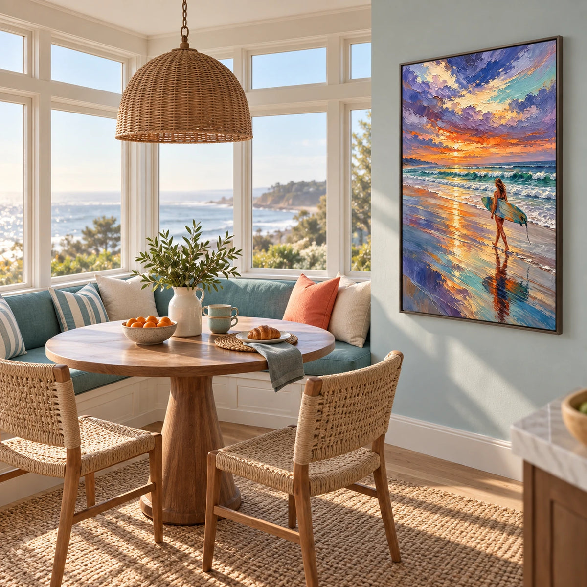 surfboard at sunset displayed in a coastal breakfast nook