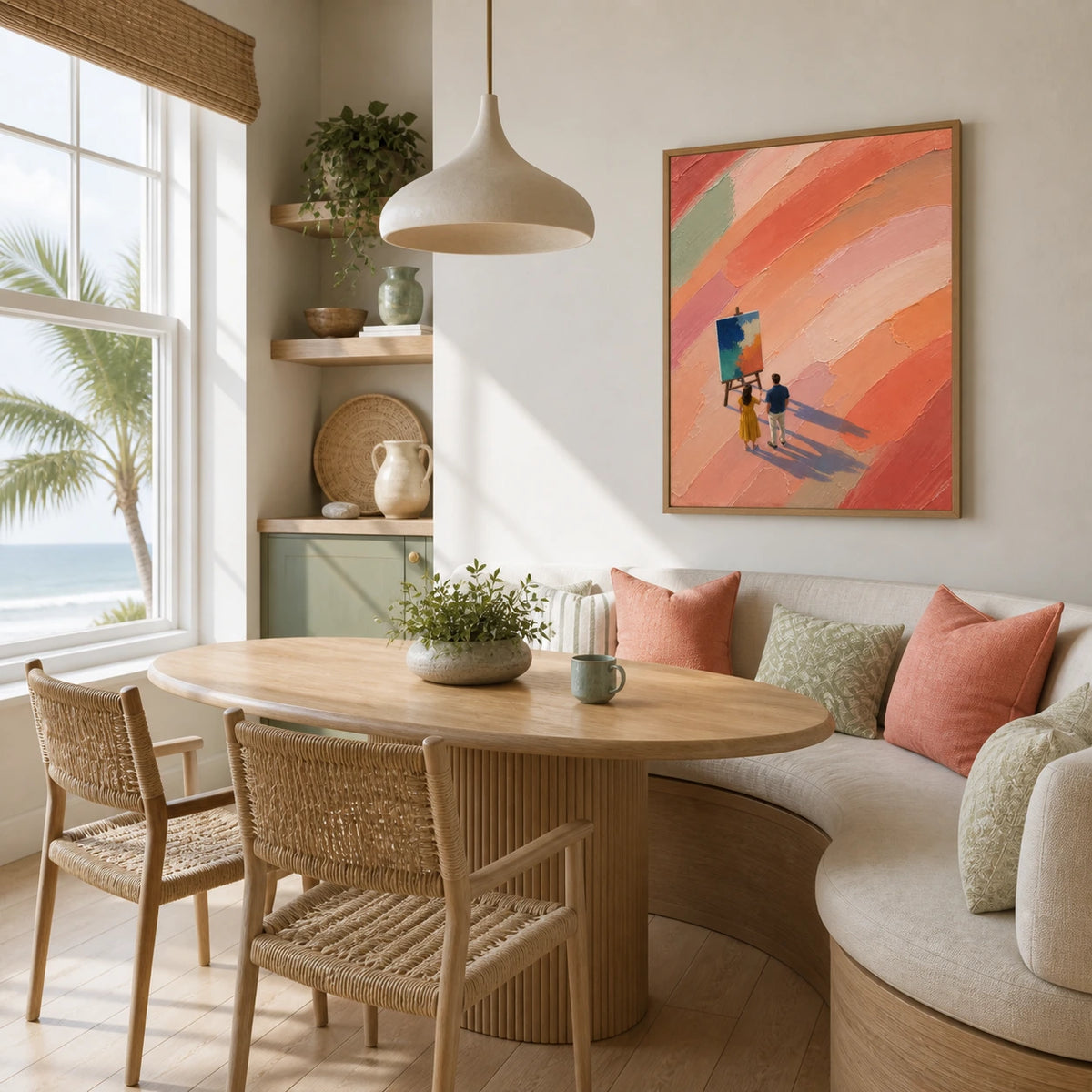 a world in color displayed in a coastal breakfast nook