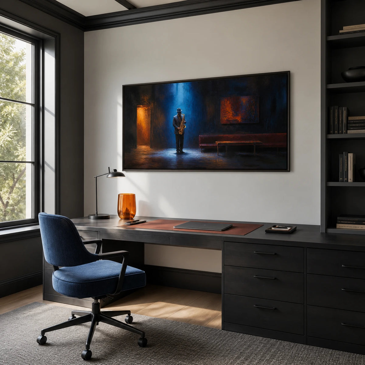 midnight blue solo displayed in a home office