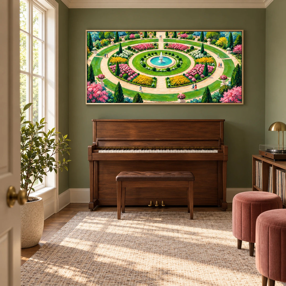 circular garden fountain displayed in a music room