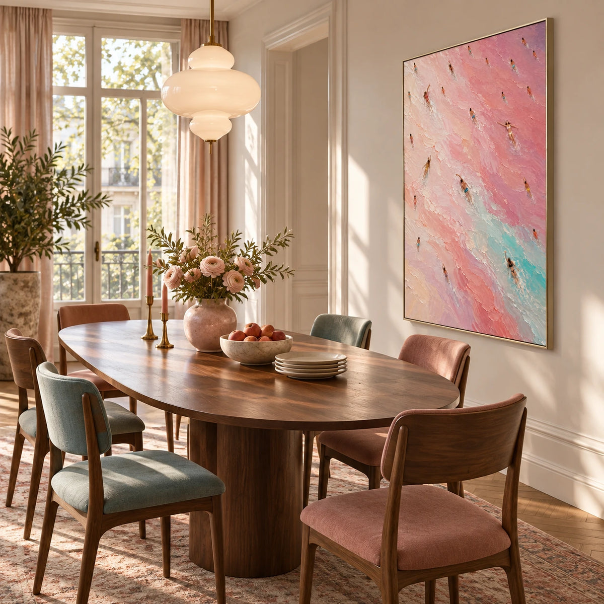 pink tide swimmers displayed in a dining space