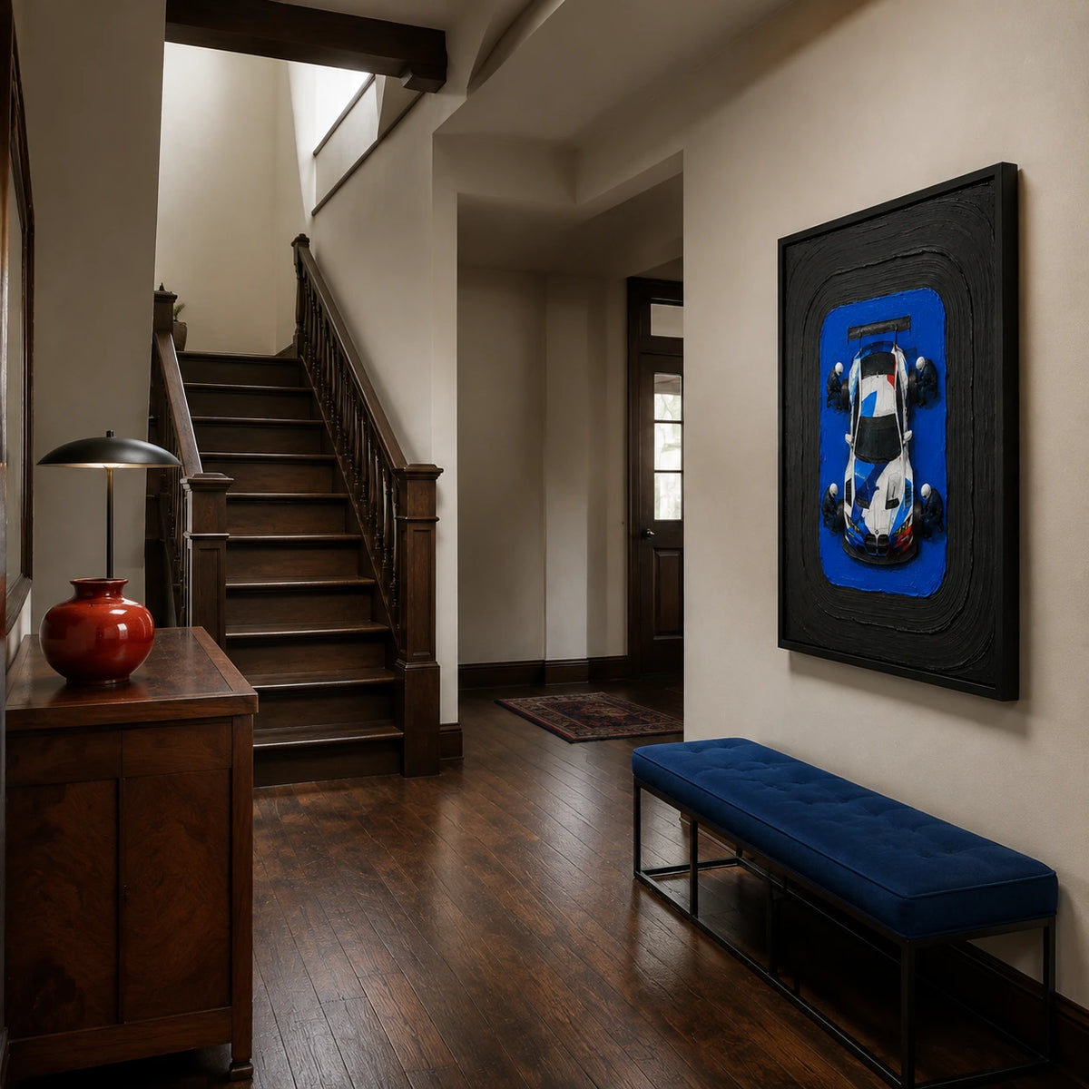pit crew in blue displayed in a stair entry hall