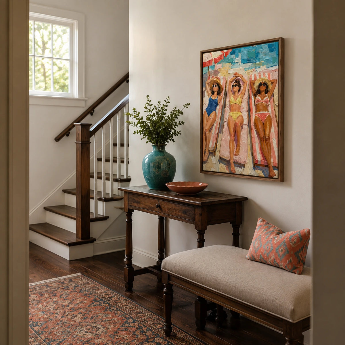 sunlit beach loungers displayed in a entry hall
