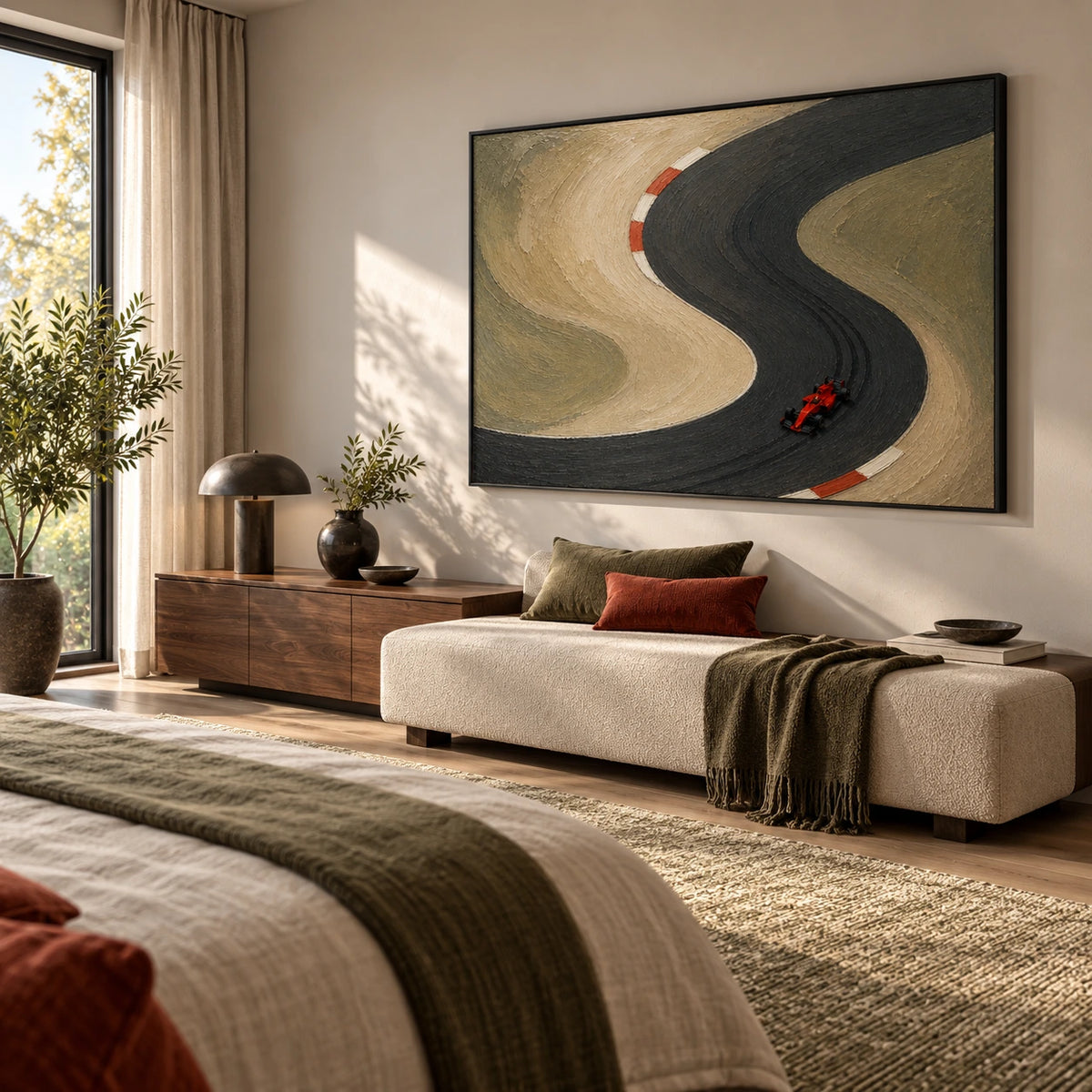 racing line displayed in a bedroom sitting area