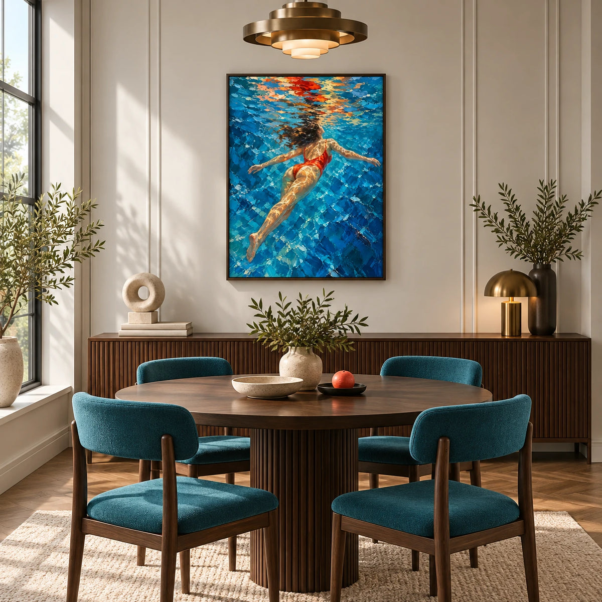 red swimmer in open water displayed in a bauhaus dining room