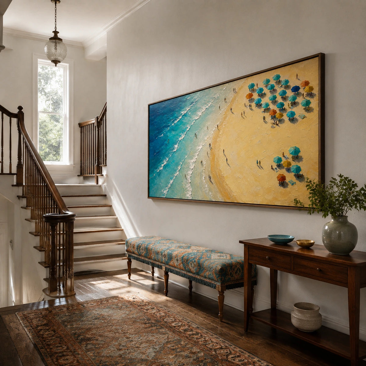 sunlit shoreline displayed in a entry stair landing