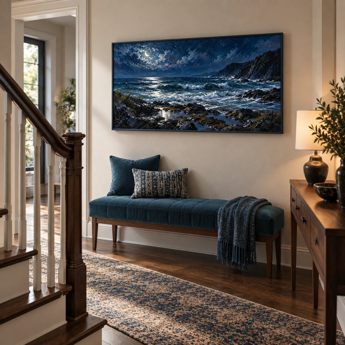 crescent moon coastal night displayed in a stair landing entry hall