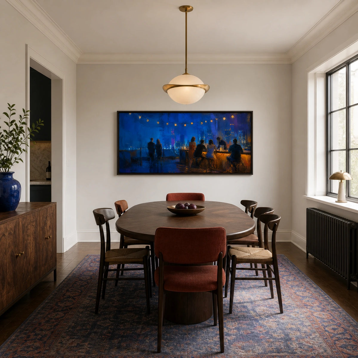 blue hour rooftop displayed in a dining space