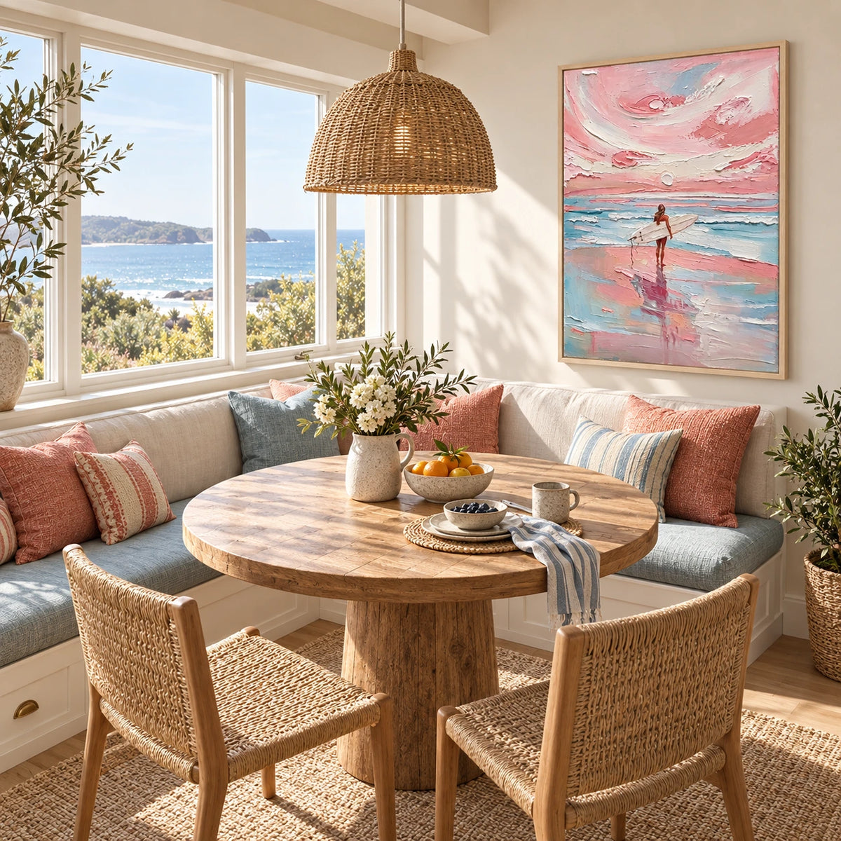 surfing into pink tide displayed in a coastal breakfast nook