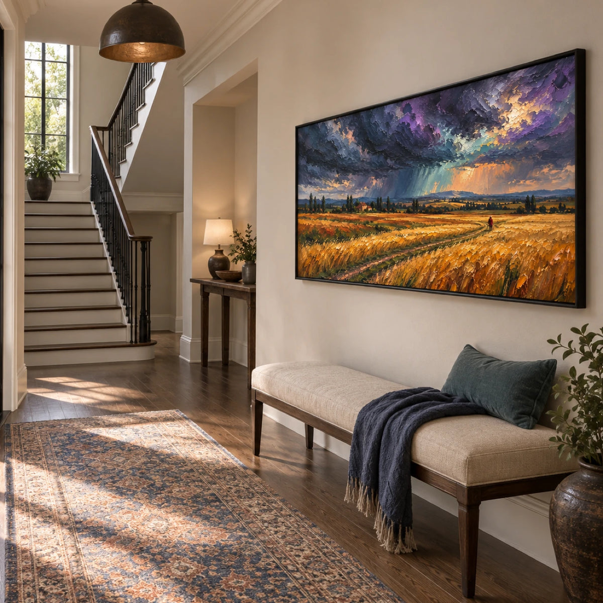 stormlight over the wheat fields displayed in a entry hall with stair landing