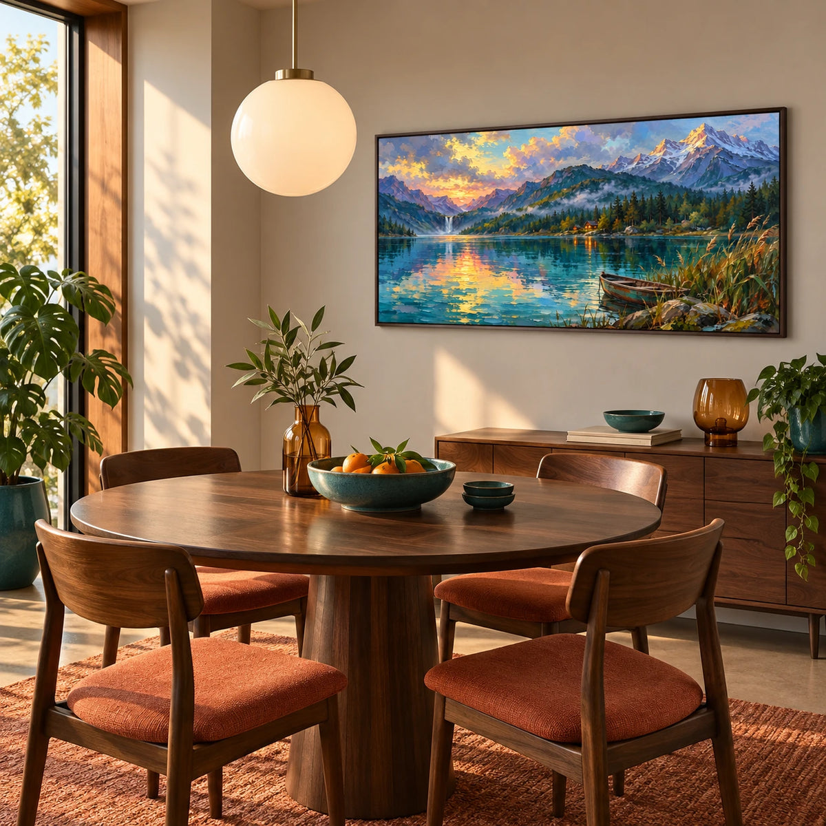 alpine lake at dusk displayed in a bauhaus dining room