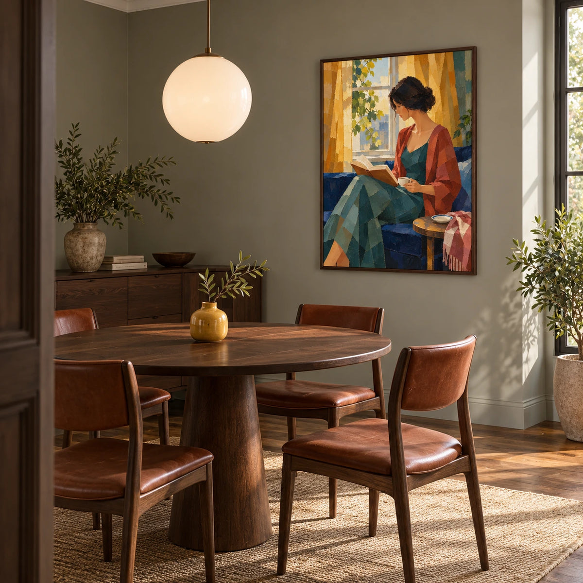 reading by the sunlit window displayed in a dining room