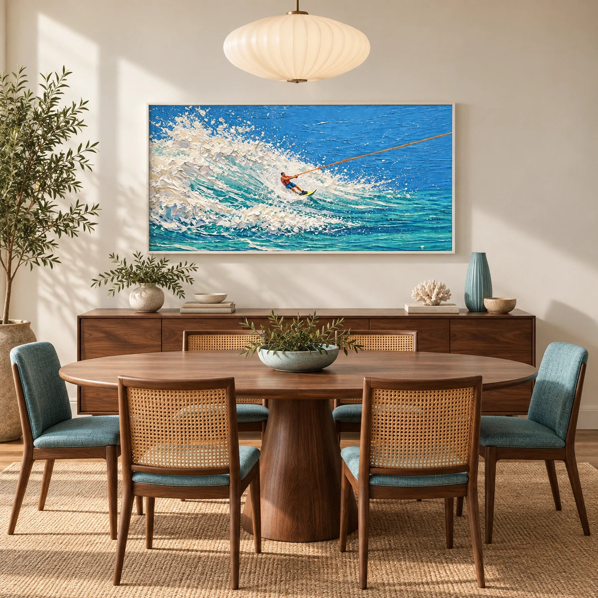 rider in breaking surf displayed in a dining space