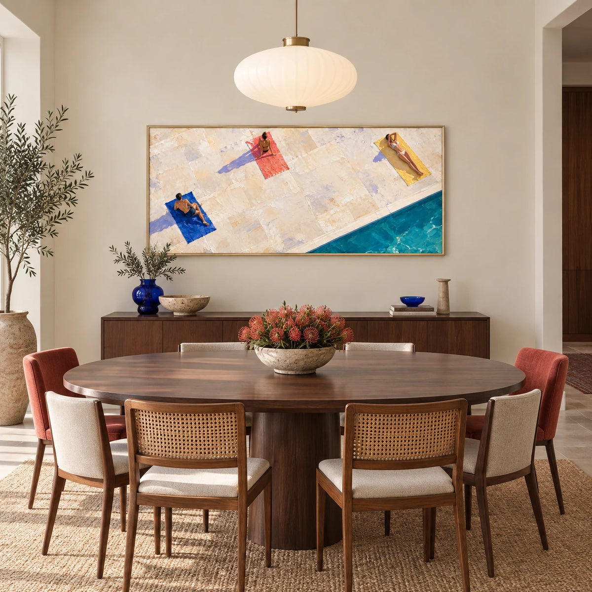 poolside sunlight displayed in a dining space