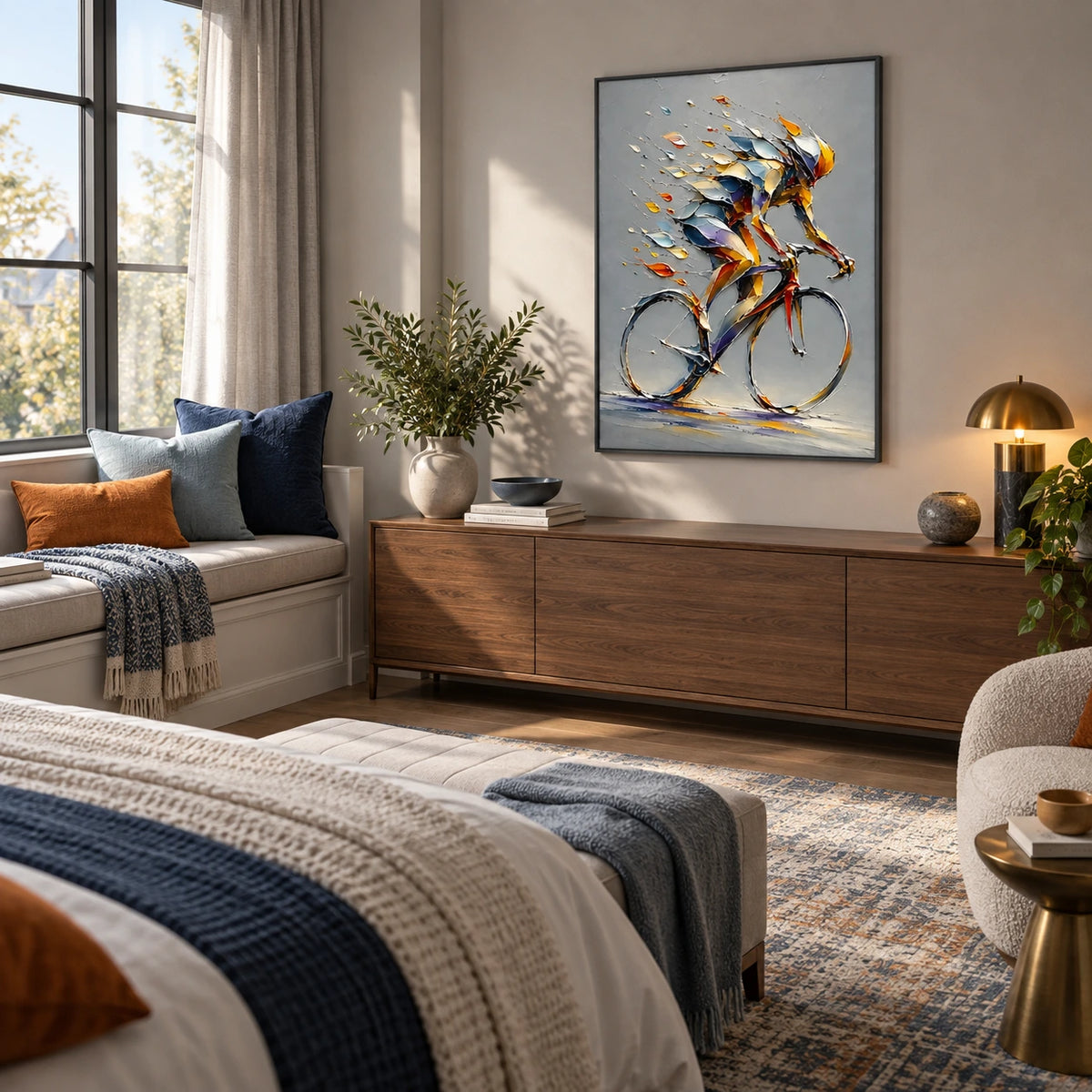 chromatic bicycle ride displayed in a bedroom sitting area