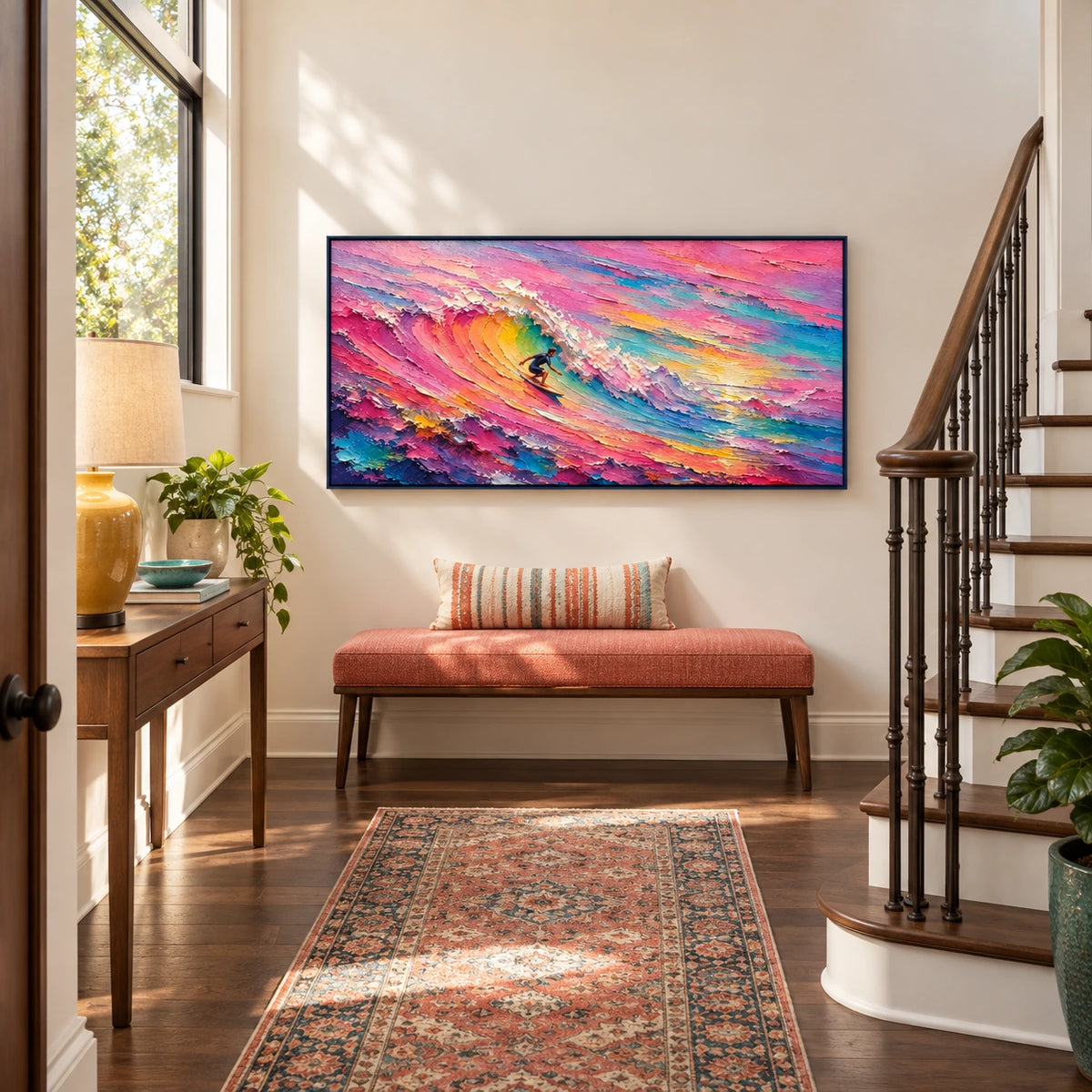 painted tide displayed in a stair landing