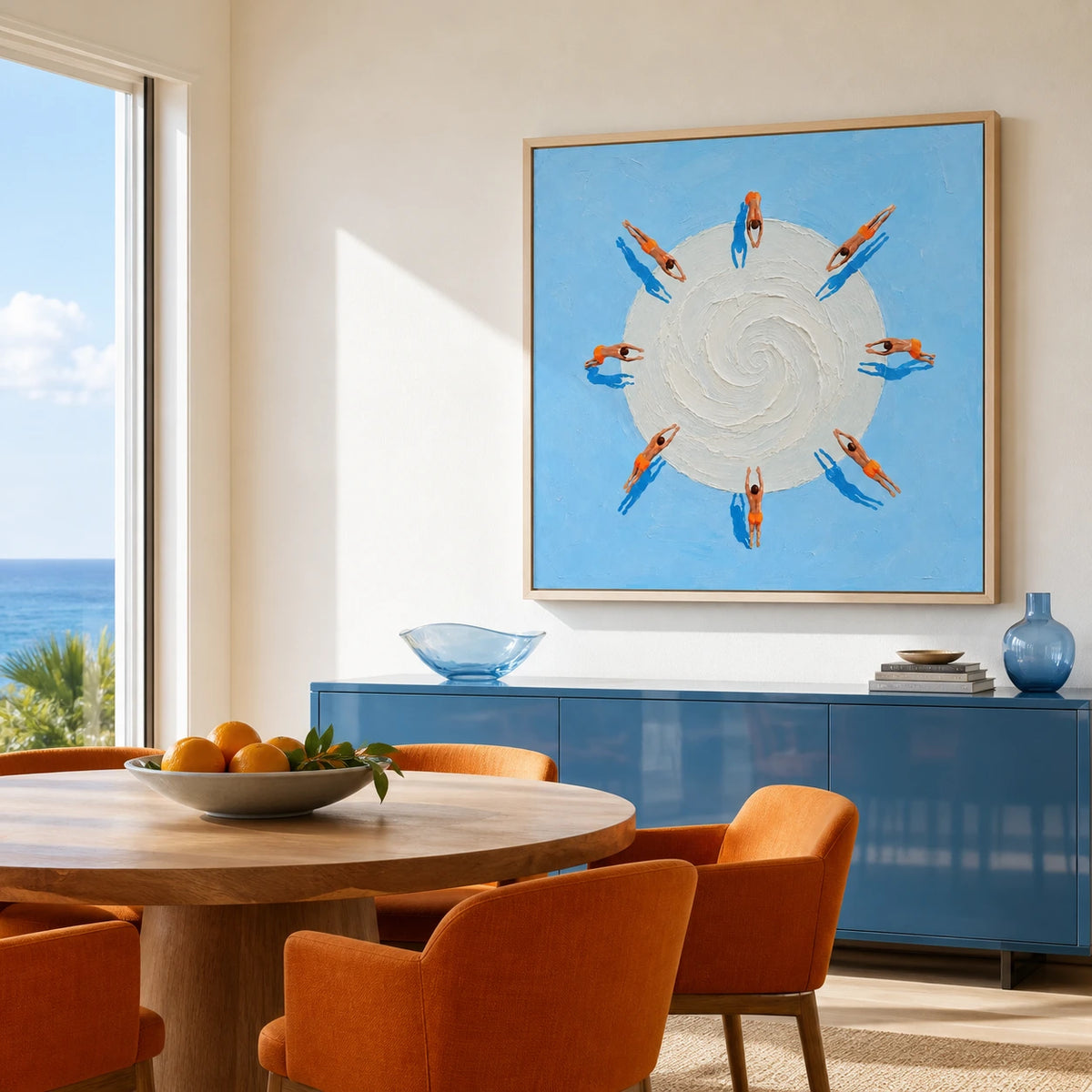 swimmers in orbit displayed in a dining space