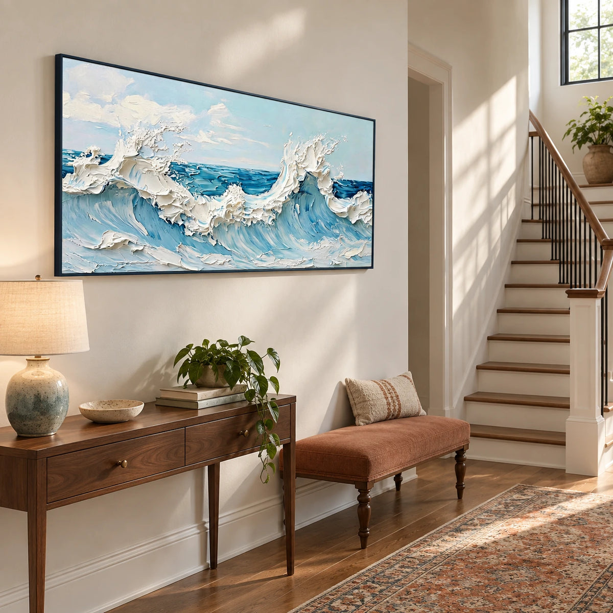 seafoam breakers displayed in a stair landing