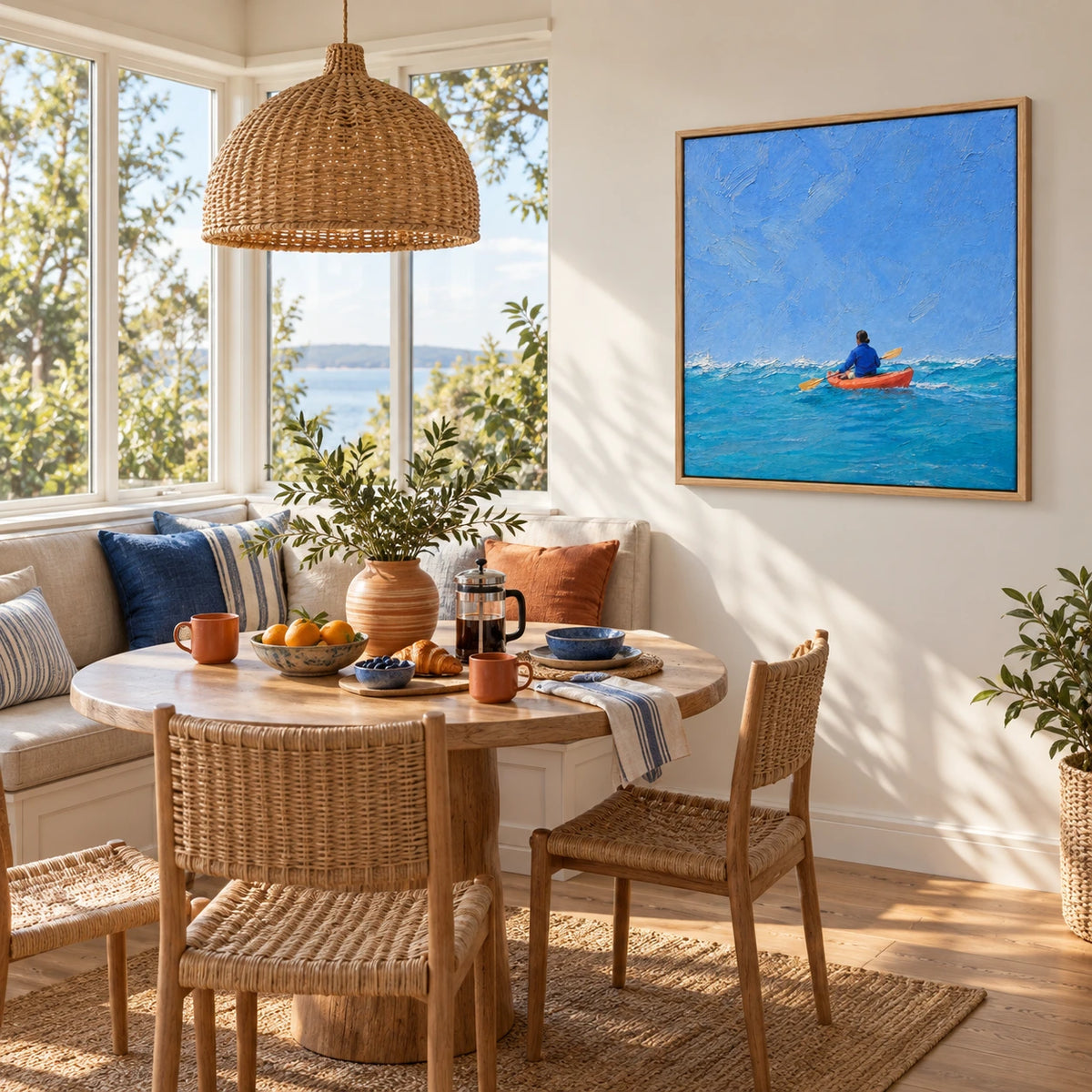 coastal kayak displayed in a breakfast nook