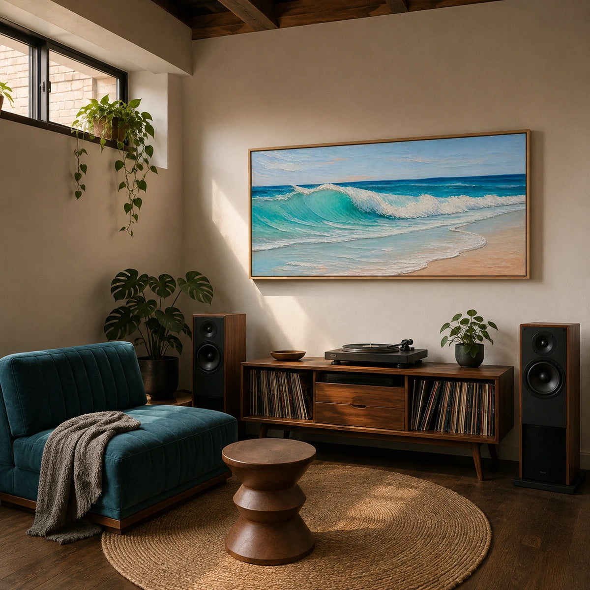 shorebreak in turquoise displayed in a music listening room