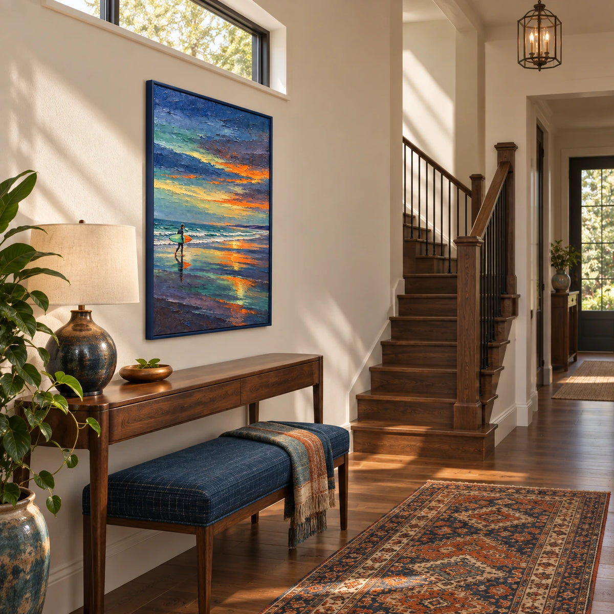 orange horizon surfer displayed in a entry hall