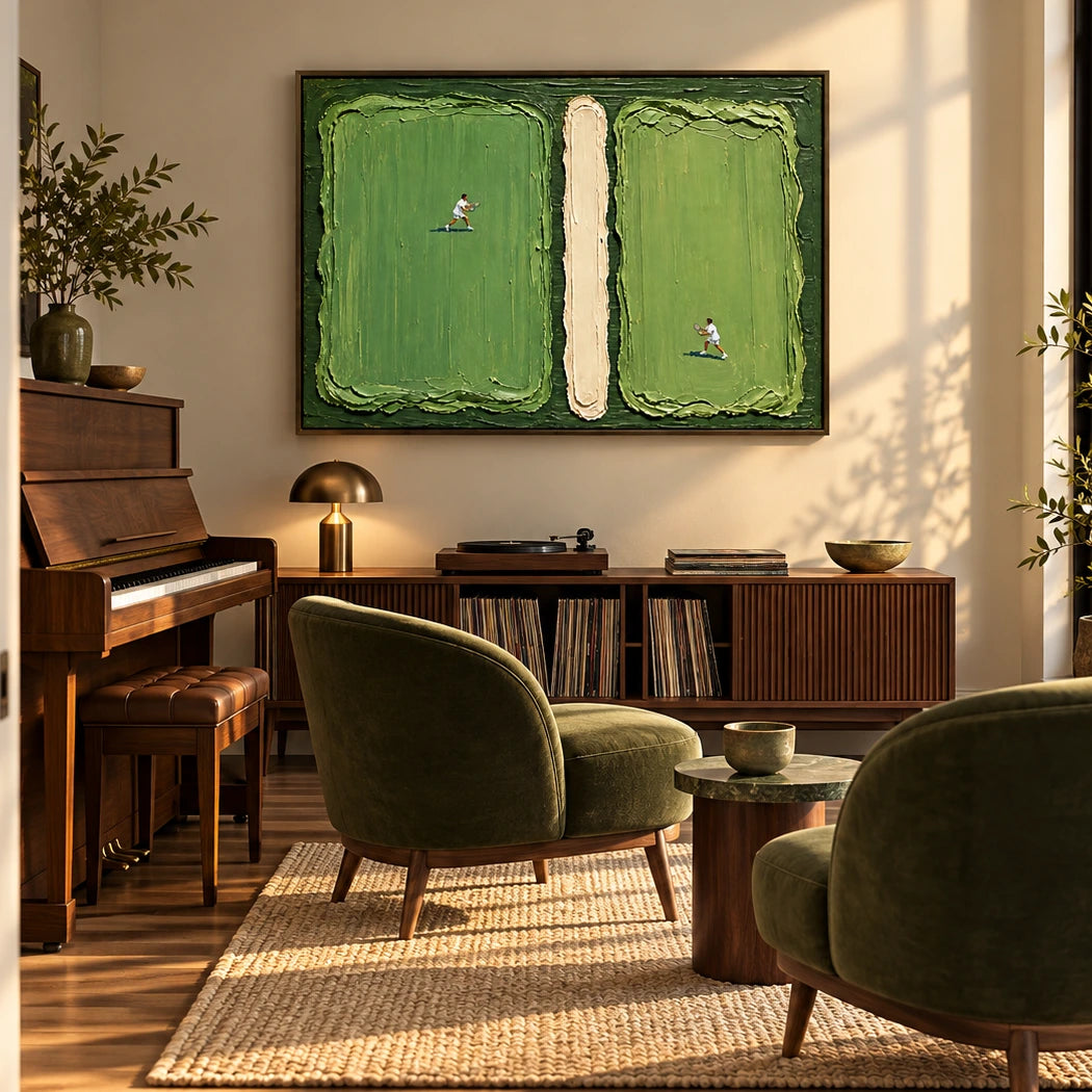 green court rally displayed in a home music room