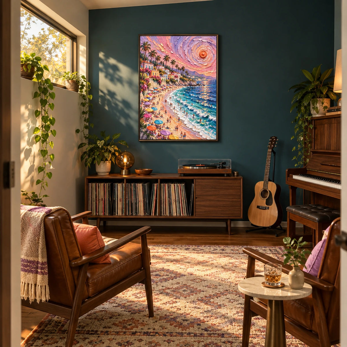 sunset coast in motion displayed in a home music room