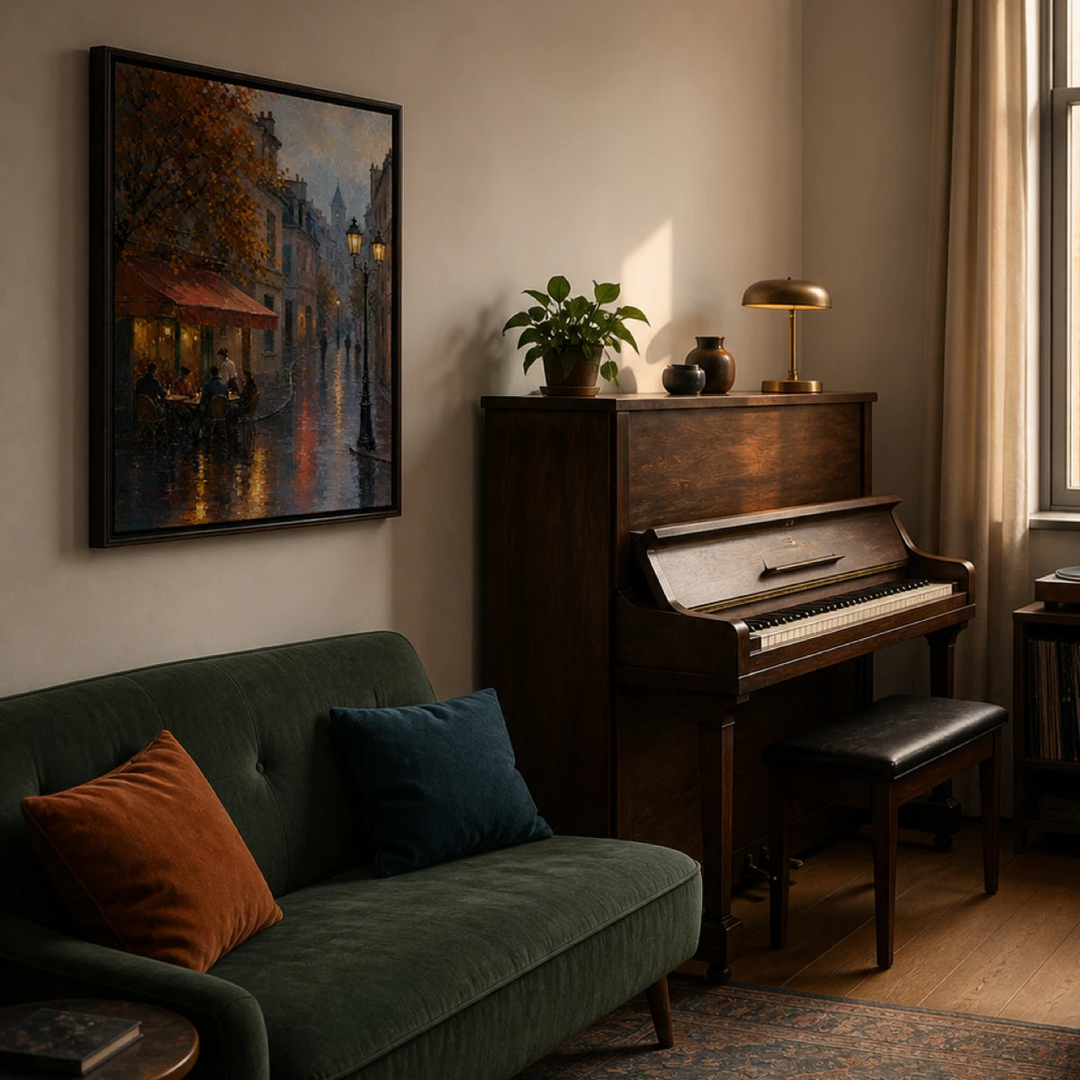 rainlit cafe evening displayed in a home music room