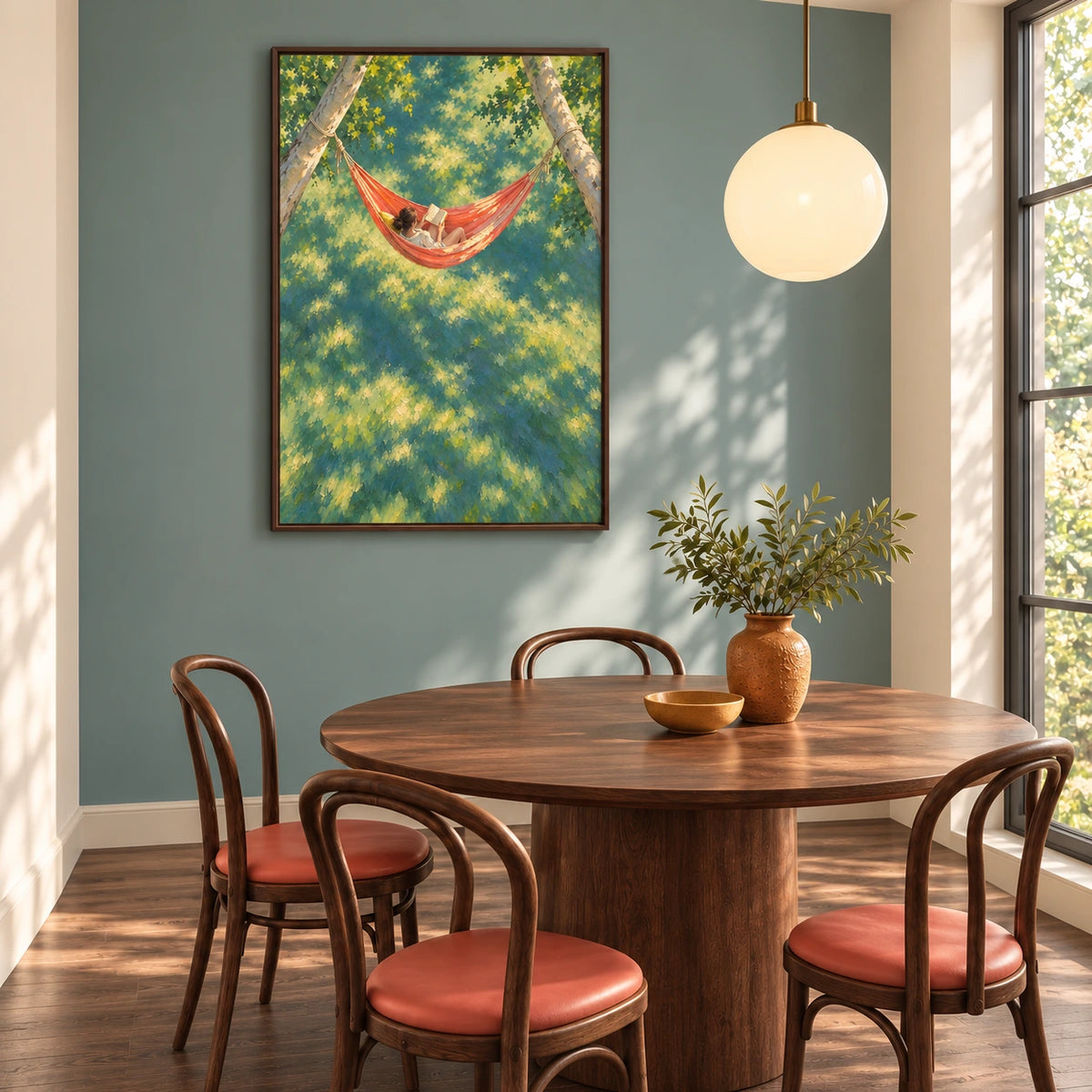 hammock in the canopy displayed in a dining room