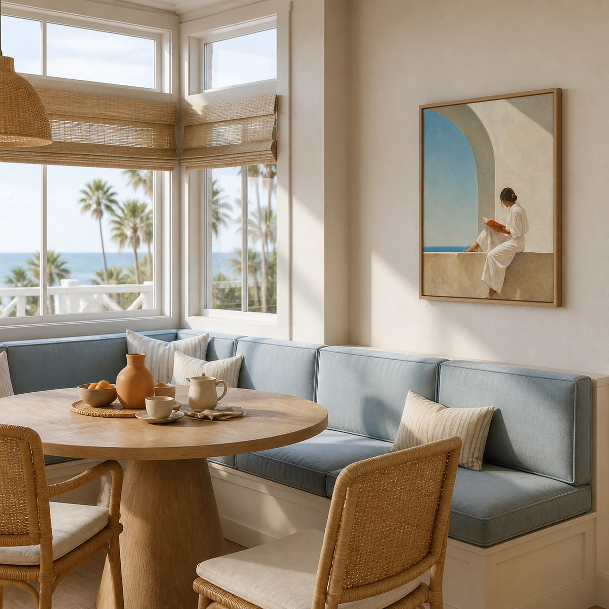 pages by the sea displayed in a breakfast sunroom