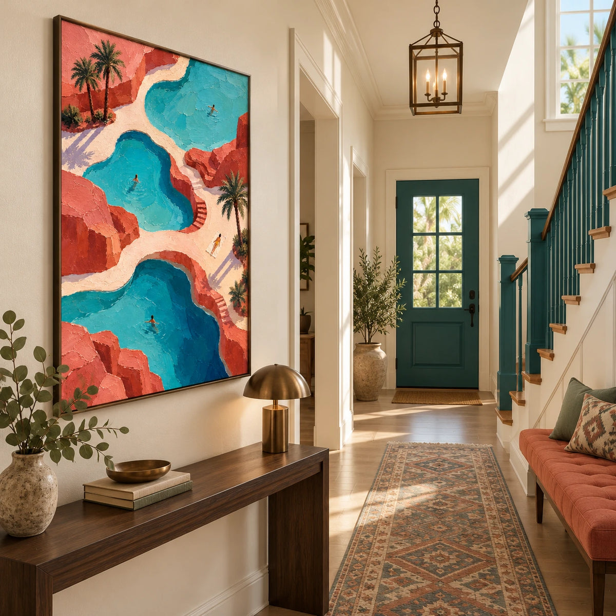 terracotta oasis pools displayed in a stair entry hall