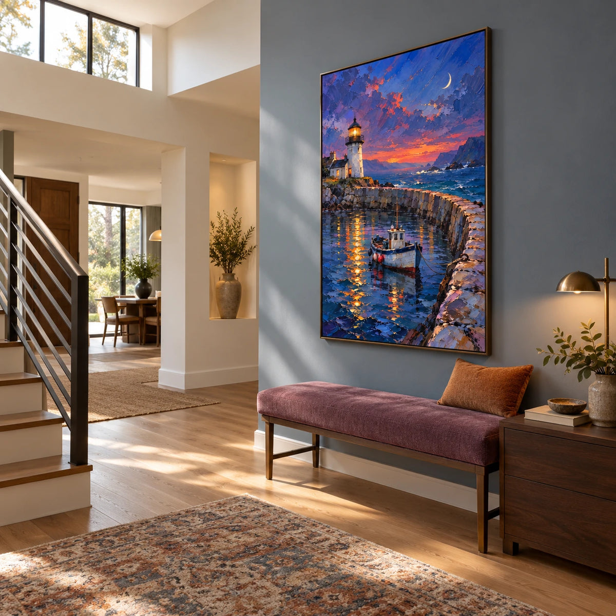 lighthouse harbor at dusk displayed in a landing sitting area
