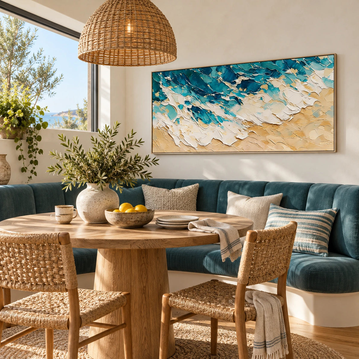 turquoise passage displayed in a breakfast nook