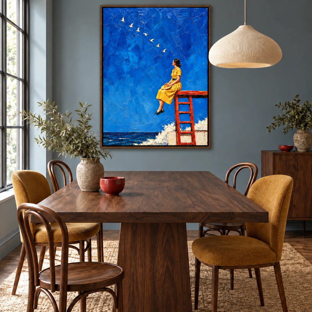 seabirds above the pier displayed in a dining space