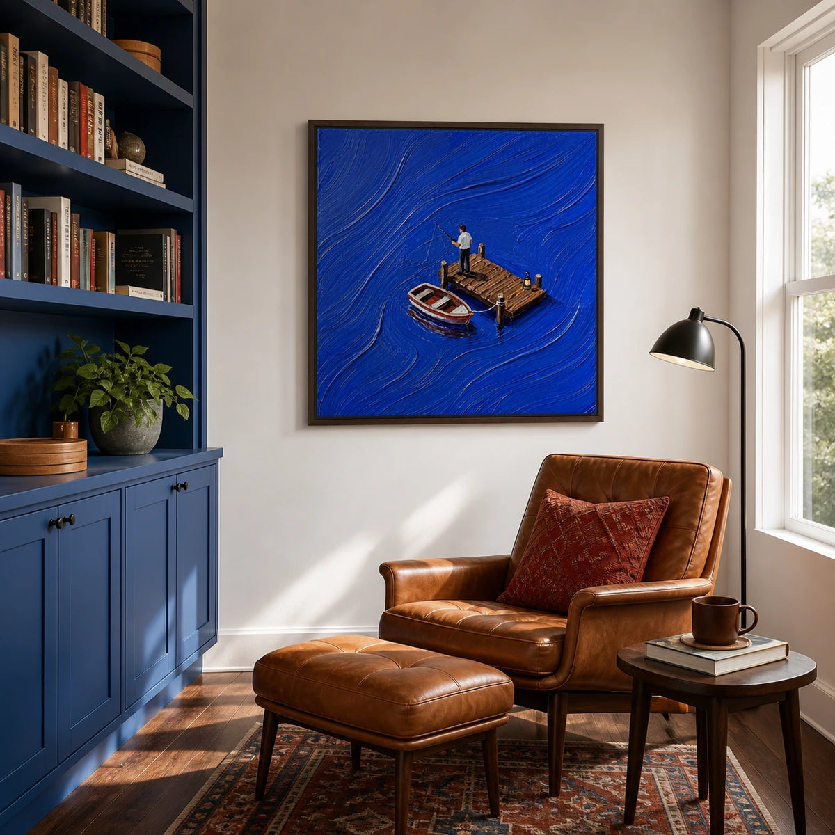 cast into blue displayed in a reading corner